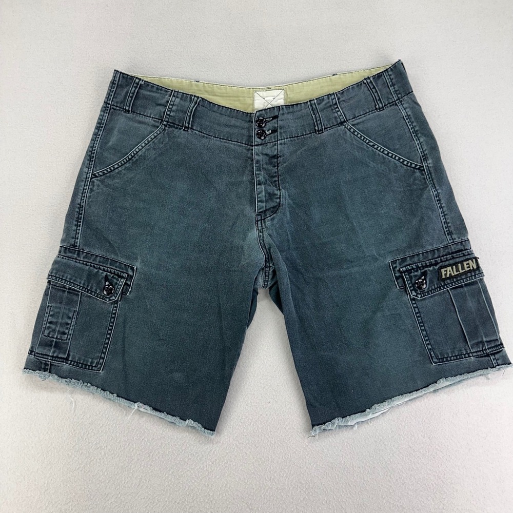 FALLEN Cargo Shorts Mens 38 Grey Canvas Y2K Long Skater Canvas‎ Raw Hem Utility